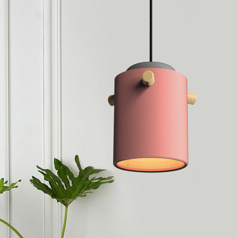 Contemporary 1 Light Hanging Lighting with Metal Shade Green/Pink/White Cylinder Pendant Light Fixture Pink C Clearhalo 'Ceiling Lights' 'Modern Pendants' 'Modern' 'Pendant Lights' 'Pendants' Lighting' 770494