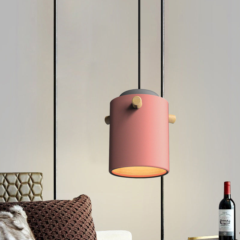 Contemporary 1 Light Hanging Lighting with Metal Shade Green/Pink/White Cylinder Pendant Light Fixture Clearhalo 'Ceiling Lights' 'Modern Pendants' 'Modern' 'Pendant Lights' 'Pendants' Lighting' 770495