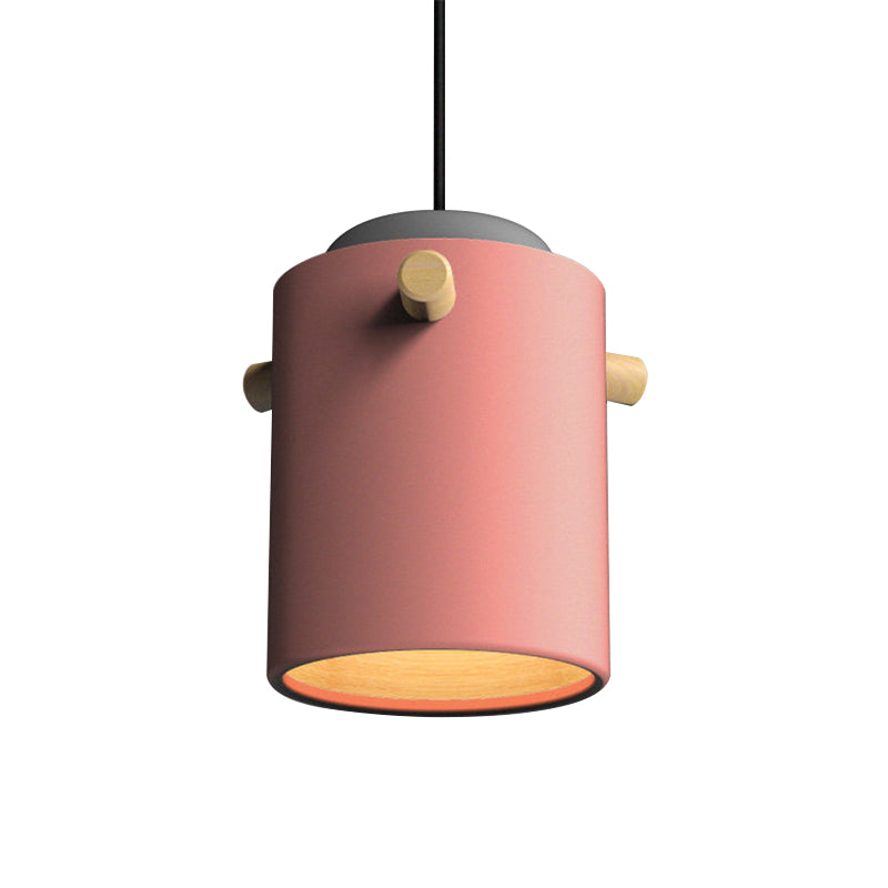 Contemporary 1 Light Hanging Lighting with Metal Shade Green/Pink/White Cylinder Pendant Light Fixture Clearhalo 'Ceiling Lights' 'Modern Pendants' 'Modern' 'Pendant Lights' 'Pendants' Lighting' 770496