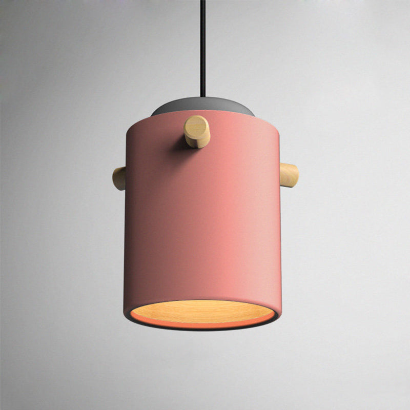 Contemporary 1 Light Hanging Lighting with Metal Shade Green/Pink/White Cylinder Pendant Light Fixture Clearhalo 'Ceiling Lights' 'Modern Pendants' 'Modern' 'Pendant Lights' 'Pendants' Lighting' 770497