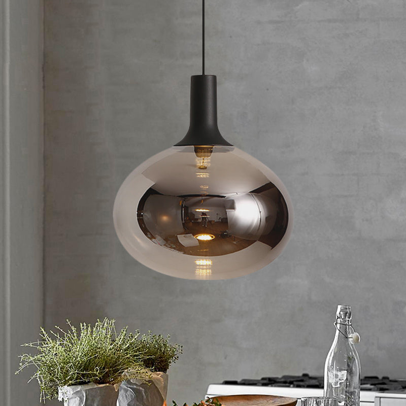 Elliptical Pendant Lamp Modernist White/Grey/Amber Glass 1 Light Black Led Hanging Light Fixture in White/Warm Light Grey Clearhalo 'Ceiling Lights' 'Glass shade' 'Glass' 'Modern Pendants' 'Modern' 'Pendant Lights' 'Pendants' Lighting' 770561