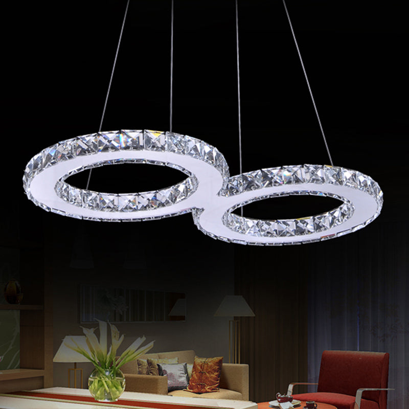 Double Ring Crystal Hanging Pendant Light Modern 2 Heads Silver LED Chandelier Lamp in Warm/White Light for Dining Room Silver Clearhalo 'Ceiling Lights' 'Chandeliers' 'Modern Chandeliers' 'Modern' Lighting' 770595