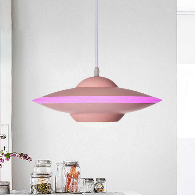 Flying Saucer Hanging Lamp Macaron Style Metal 12"/16" W LED Black/White Pendant Lighting over Table, Warm/White Light Pink Clearhalo 'Ceiling Lights' 'Modern Pendants' 'Modern' 'Pendant Lights' 'Pendants' Lighting' 770614