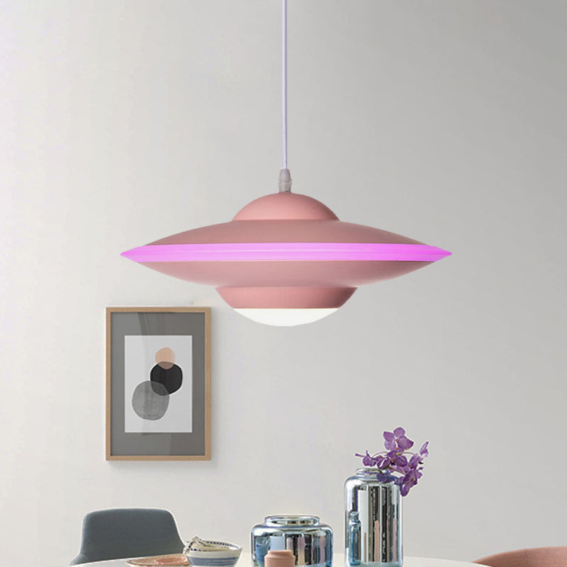 Flying Saucer Hanging Lamp Macaron Style Metal 12"/16" W LED Black/White Pendant Lighting over Table, Warm/White Light Clearhalo 'Ceiling Lights' 'Modern Pendants' 'Modern' 'Pendant Lights' 'Pendants' Lighting' 770615