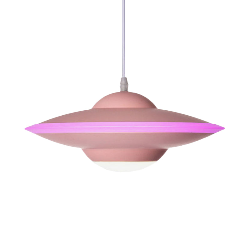 Flying Saucer Hanging Lamp Macaron Style Metal 12"/16" W LED Black/White Pendant Lighting over Table, Warm/White Light Clearhalo 'Ceiling Lights' 'Modern Pendants' 'Modern' 'Pendant Lights' 'Pendants' Lighting' 770617