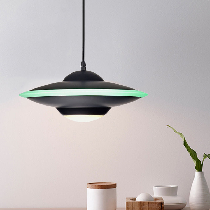 Flying Saucer Hanging Lamp Macaron Style Metal 12"/16" W LED Black/White Pendant Lighting over Table, Warm/White Light Clearhalo 'Ceiling Lights' 'Modern Pendants' 'Modern' 'Pendant Lights' 'Pendants' Lighting' 770629