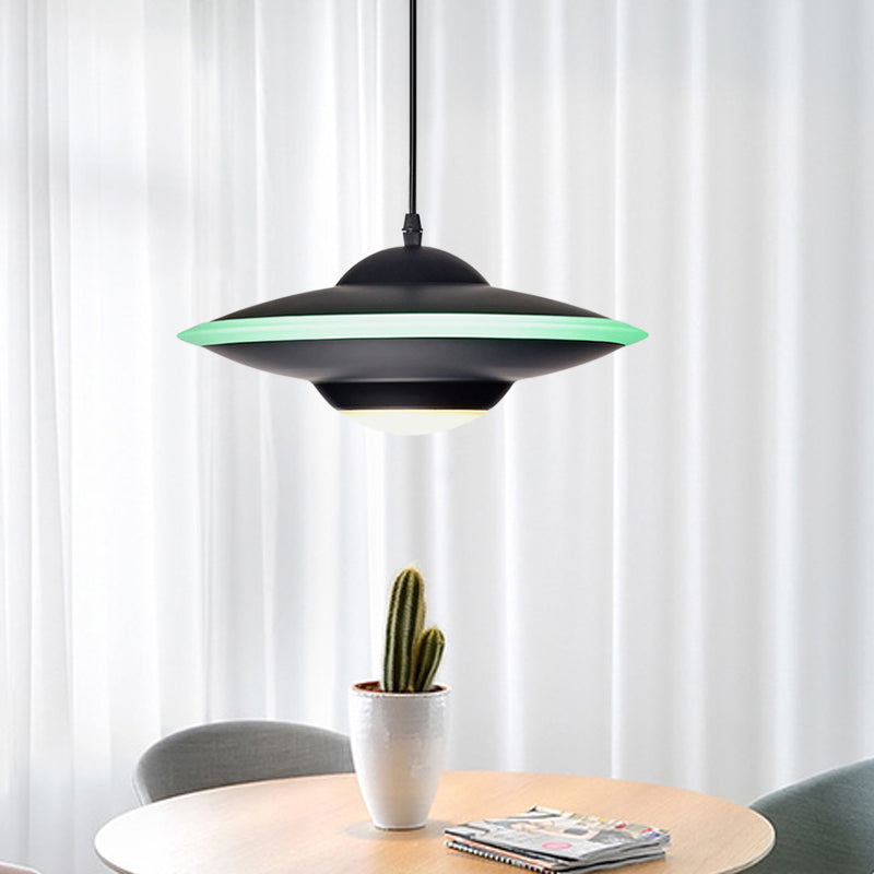 Flying Saucer Hanging Lamp Macaron Style Metal 12"/16" W LED Black/White Pendant Lighting over Table, Warm/White Light Clearhalo 'Ceiling Lights' 'Modern Pendants' 'Modern' 'Pendant Lights' 'Pendants' Lighting' 770630