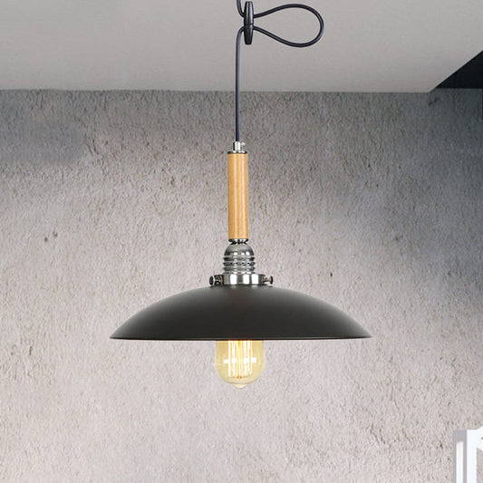 Metal Shallow Round Pendant Light with Hanging Cord Industrial Black Ceiling Light in Wood Black 1 Clearhalo 'Art Deco Pendants' 'Black' 'Cast Iron' 'Ceiling Lights' 'Ceramic' 'Crystal' 'Industrial Pendants' 'Industrial' 'Metal' 'Middle Century Pendants' 'Pendant Lights' 'Pendants' 'Rustic Pendants' 'Tiffany' Lighting' 770732