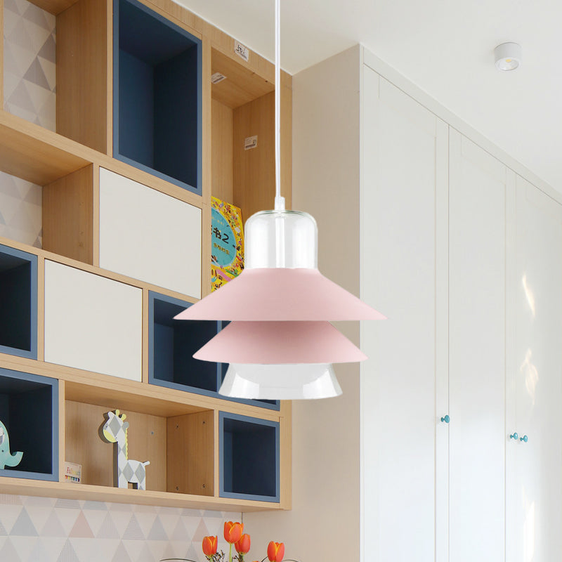 Tiered Cone Shade Indoor Pendant Light Nordic Style Metal and Glass 1 Light Gray/White/Red Hanging Ceiling Fixture Clearhalo 'Ceiling Lights' 'Modern Pendants' 'Modern' 'Pendant Lights' 'Pendants' Lighting' 770781