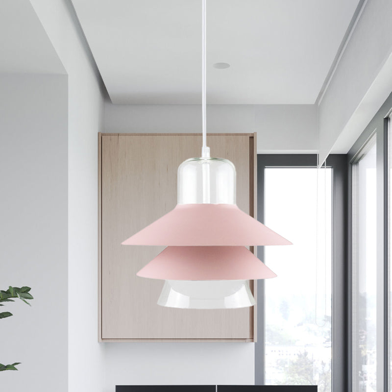 Tiered Cone Shade Indoor Pendant Light Nordic Style Metal and Glass 1 Light Gray/White/Red Hanging Ceiling Fixture Clearhalo 'Ceiling Lights' 'Modern Pendants' 'Modern' 'Pendant Lights' 'Pendants' Lighting' 770782