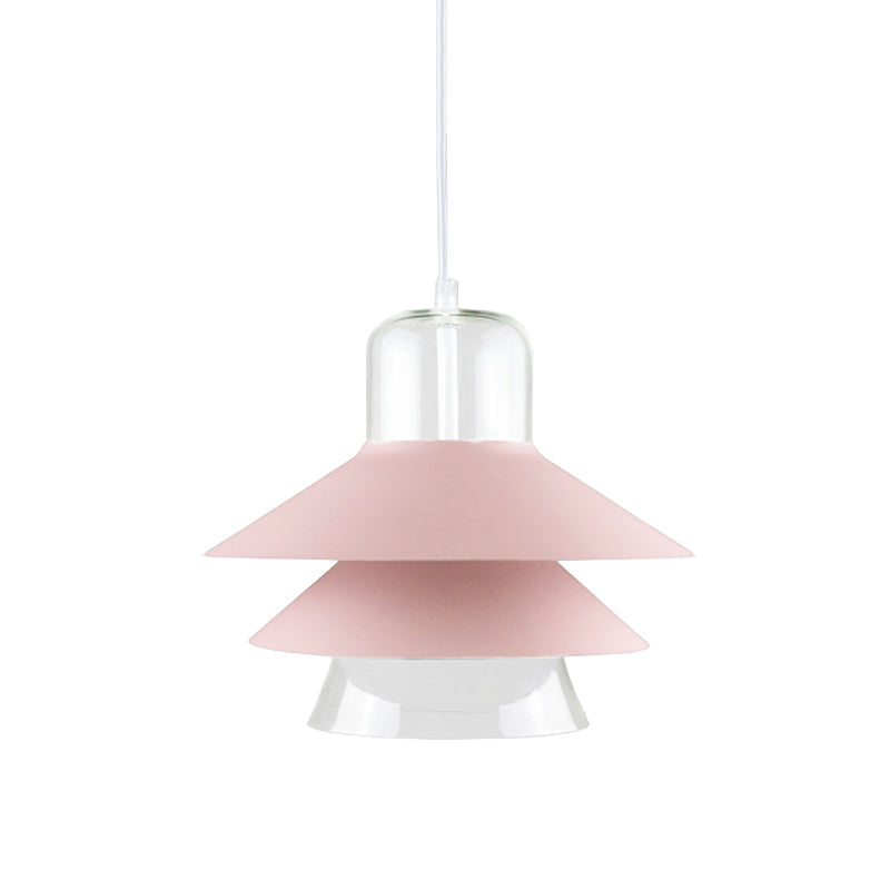 Tiered Cone Shade Indoor Pendant Light Nordic Style Metal and Glass 1 Light Gray/White/Red Hanging Ceiling Fixture Clearhalo 'Ceiling Lights' 'Modern Pendants' 'Modern' 'Pendant Lights' 'Pendants' Lighting' 770783