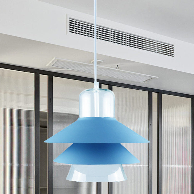 Tiered Cone Shade Indoor Pendant Light Nordic Style Metal and Glass 1 Light Gray/White/Red Hanging Ceiling Fixture Blue Clearhalo 'Ceiling Lights' 'Modern Pendants' 'Modern' 'Pendant Lights' 'Pendants' Lighting' 770793