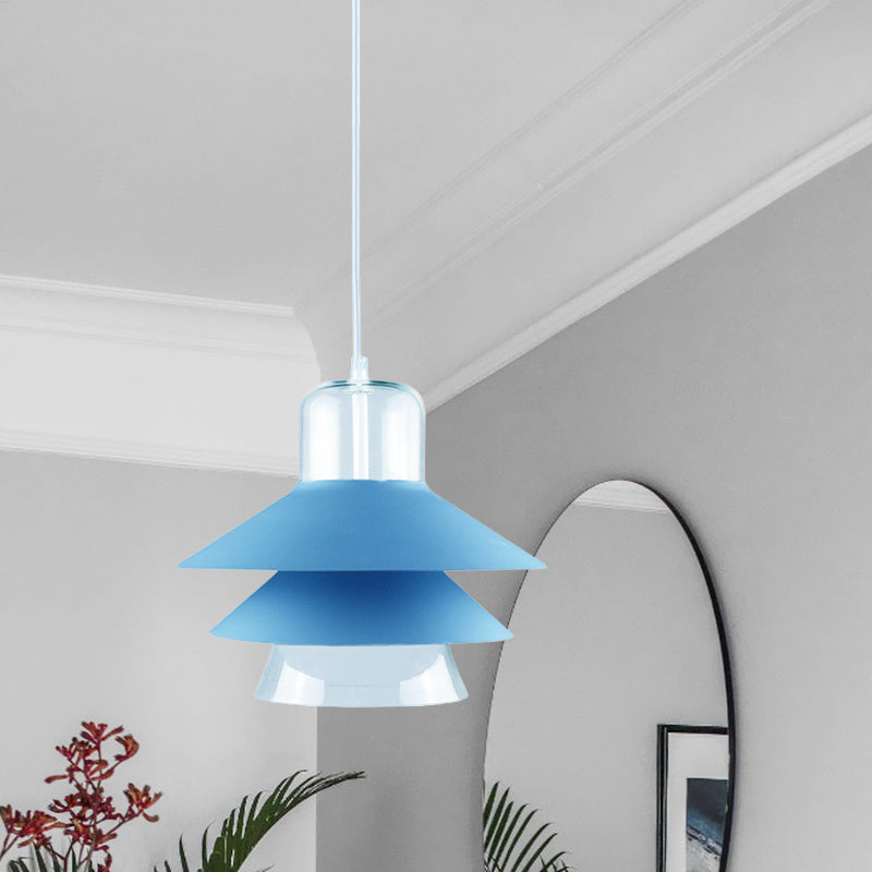 Tiered Cone Shade Indoor Pendant Light Nordic Style Metal and Glass 1 Light Gray/White/Red Hanging Ceiling Fixture Clearhalo 'Ceiling Lights' 'Modern Pendants' 'Modern' 'Pendant Lights' 'Pendants' Lighting' 770794