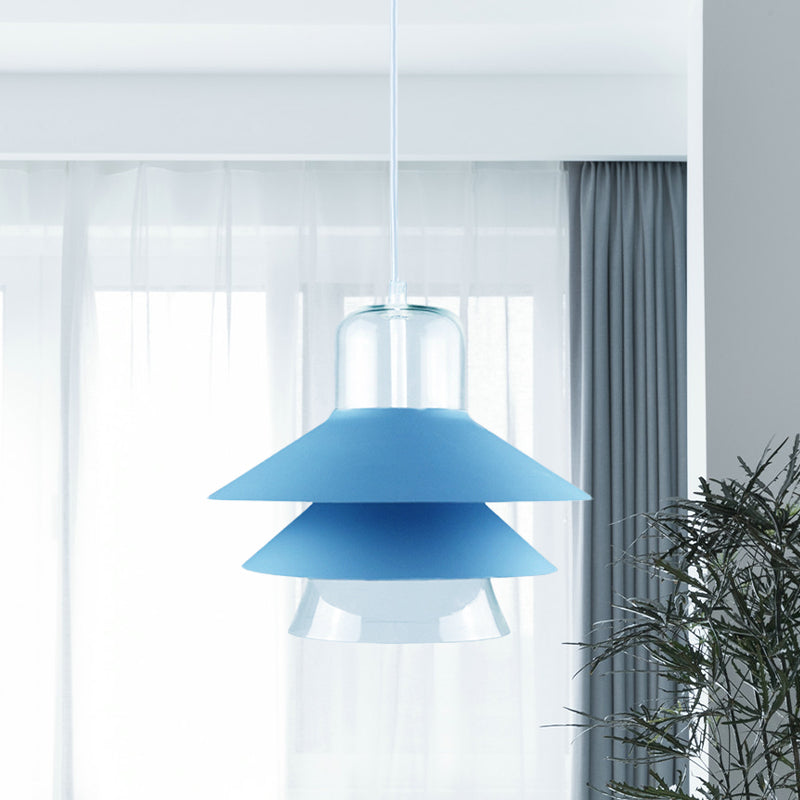 Tiered Cone Shade Indoor Pendant Light Nordic Style Metal and Glass 1 Light Gray/White/Red Hanging Ceiling Fixture Clearhalo 'Ceiling Lights' 'Modern Pendants' 'Modern' 'Pendant Lights' 'Pendants' Lighting' 770795