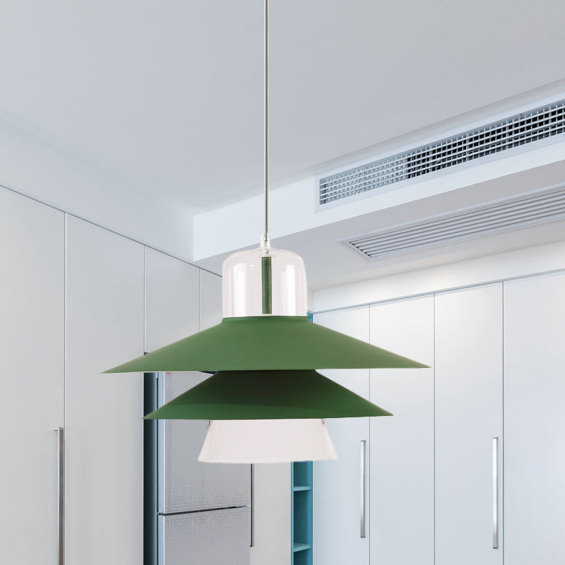 Tiered Cone Shade Indoor Pendant Light Nordic Style Metal and Glass 1 Light Gray/White/Red Hanging Ceiling Fixture Green Clearhalo 'Ceiling Lights' 'Modern Pendants' 'Modern' 'Pendant Lights' 'Pendants' Lighting' 770797