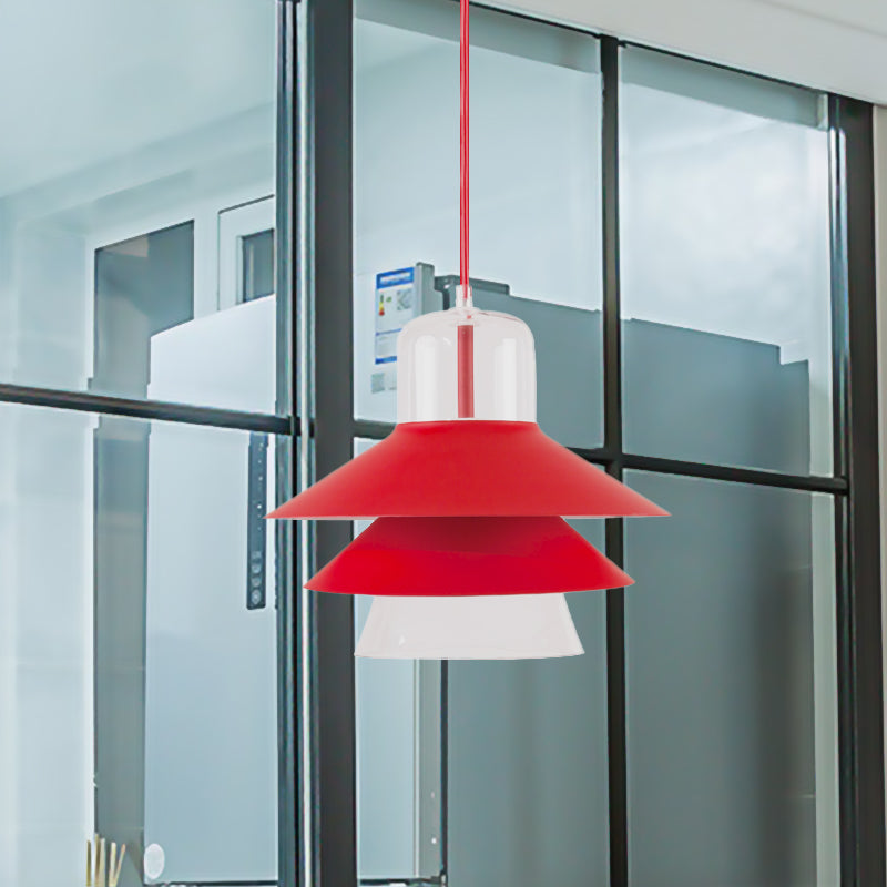 Tiered Cone Shade Indoor Pendant Light Nordic Style Metal and Glass 1 Light Gray/White/Red Hanging Ceiling Fixture Red Clearhalo 'Ceiling Lights' 'Modern Pendants' 'Modern' 'Pendant Lights' 'Pendants' Lighting' 770801