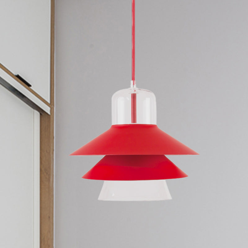 Tiered Cone Shade Indoor Pendant Light Nordic Style Metal and Glass 1 Light Gray/White/Red Hanging Ceiling Fixture Clearhalo 'Ceiling Lights' 'Modern Pendants' 'Modern' 'Pendant Lights' 'Pendants' Lighting' 770802