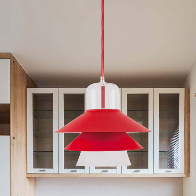 Tiered Cone Shade Indoor Pendant Light Nordic Style Metal and Glass 1 Light Gray/White/Red Hanging Ceiling Fixture Clearhalo 'Ceiling Lights' 'Modern Pendants' 'Modern' 'Pendant Lights' 'Pendants' Lighting' 770803