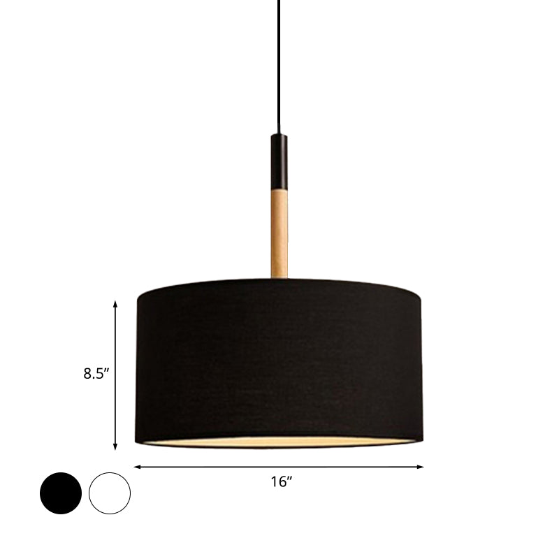 Drum Ceiling Pendant Light Simple Fabric 10"/16" Dia 1 Light White/Black Hanging Lamp Kit Clearhalo 'Ceiling Lights' 'Modern Pendants' 'Modern' 'Pendant Lights' 'Pendants' Lighting' 771122