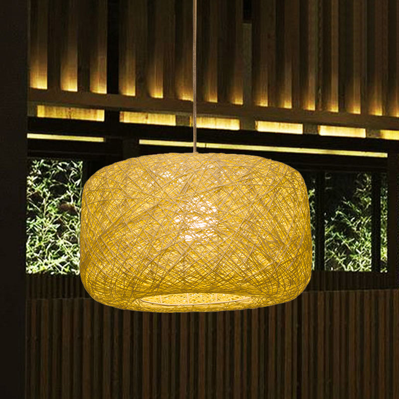 8"/12" Dia Drum Hanging Light Fixture Modern Style Woven Rattan 1 Head Dining Room Pendant Lamp in Black/White Yellow Clearhalo 'Ceiling Lights' 'Modern Pendants' 'Modern' 'Pendant Lights' 'Pendants' Lighting' 771132