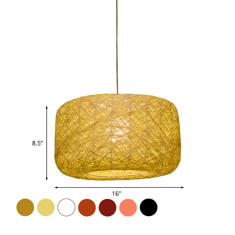 8"/12" Dia Drum Hanging Light Fixture Modern Style Woven Rattan 1 Head Dining Room Pendant Lamp in Black/White Clearhalo 'Ceiling Lights' 'Modern Pendants' 'Modern' 'Pendant Lights' 'Pendants' Lighting' 771139