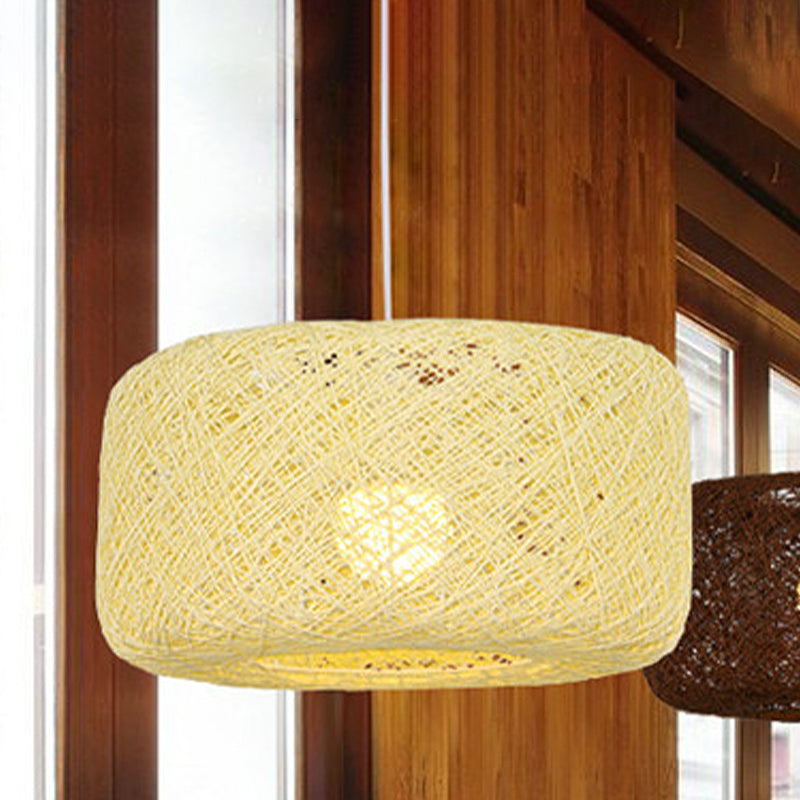 8"/12" Dia Drum Hanging Light Fixture Modern Style Woven Rattan 1 Head Dining Room Pendant Lamp in Black/White Light Yellow Clearhalo 'Ceiling Lights' 'Modern Pendants' 'Modern' 'Pendant Lights' 'Pendants' Lighting' 771140