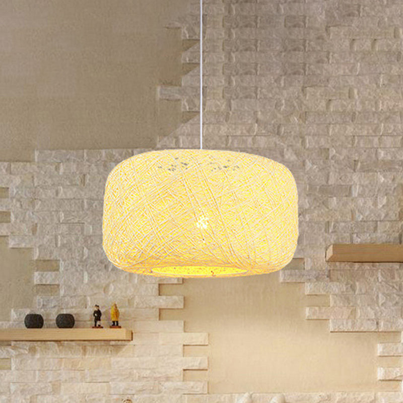 8"/12" Dia Drum Hanging Light Fixture Modern Style Woven Rattan 1 Head Dining Room Pendant Lamp in Black/White Clearhalo 'Ceiling Lights' 'Modern Pendants' 'Modern' 'Pendant Lights' 'Pendants' Lighting' 771142