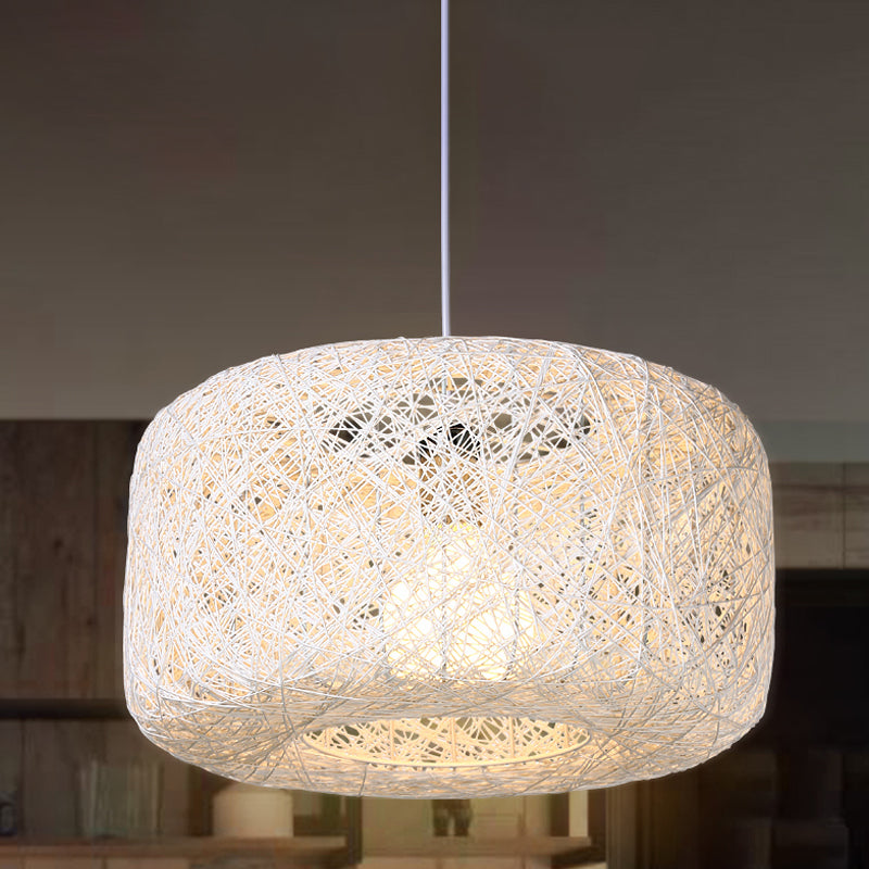 8"/12" Dia Drum Hanging Light Fixture Modern Style Woven Rattan 1 Head Dining Room Pendant Lamp in Black/White White Clearhalo 'Ceiling Lights' 'Modern Pendants' 'Modern' 'Pendant Lights' 'Pendants' Lighting' 771144