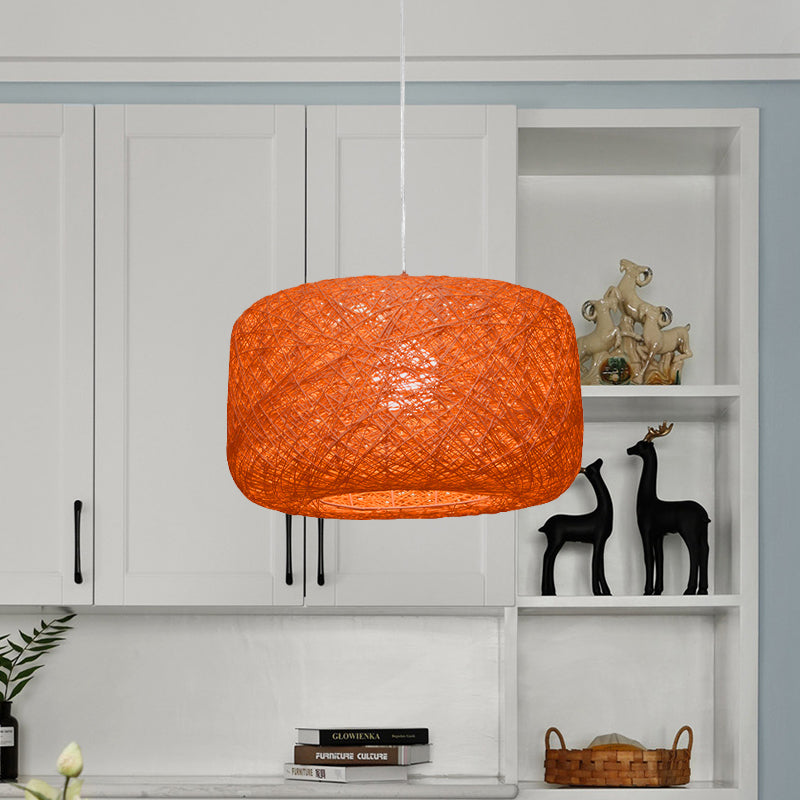 8"/12" Dia Drum Hanging Light Fixture Modern Style Woven Rattan 1 Head Dining Room Pendant Lamp in Black/White Clearhalo 'Ceiling Lights' 'Modern Pendants' 'Modern' 'Pendant Lights' 'Pendants' Lighting' 771150