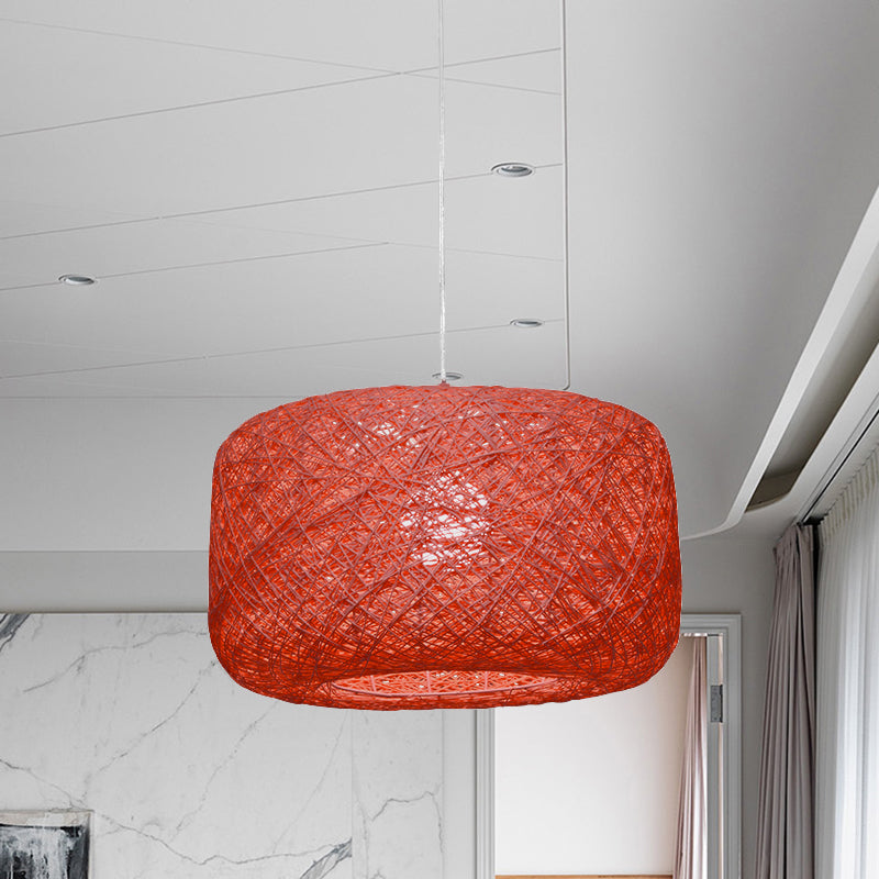 8"/12" Dia Drum Hanging Light Fixture Modern Style Woven Rattan 1 Head Dining Room Pendant Lamp in Black/White Red Clearhalo 'Ceiling Lights' 'Modern Pendants' 'Modern' 'Pendant Lights' 'Pendants' Lighting' 771152