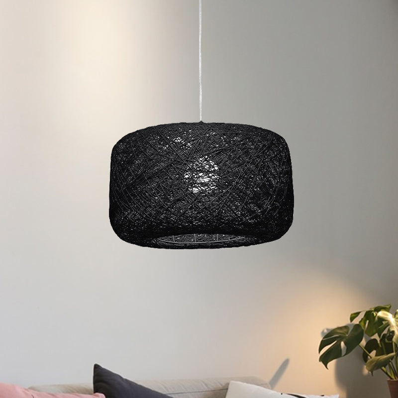 8"/12" Dia Drum Hanging Light Fixture Modern Style Woven Rattan 1 Head Dining Room Pendant Lamp in Black/White Clearhalo 'Ceiling Lights' 'Modern Pendants' 'Modern' 'Pendant Lights' 'Pendants' Lighting' 771162