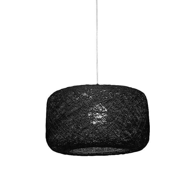 8"/12" Dia Drum Hanging Light Fixture Modern Style Woven Rattan 1 Head Dining Room Pendant Lamp in Black/White Clearhalo 'Ceiling Lights' 'Modern Pendants' 'Modern' 'Pendant Lights' 'Pendants' Lighting' 771163