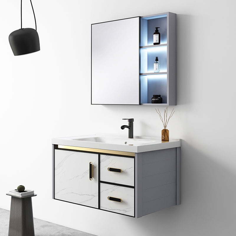 White Bath Vanity Single Sink Wall Mounted Faucet Drawers Metal Frame Vanity with Mirror Clearhalo 'Bathroom Remodel & Bathroom Fixtures' 'Bathroom Vanities' 'bathroom_vanities' 'Home Improvement' 'home_improvement' 'home_improvement_bathroom_vanities' 7712315