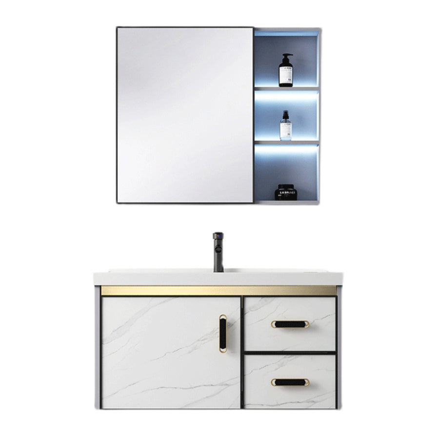 White Bath Vanity Single Sink Wall Mounted Faucet Drawers Metal Frame Vanity with Mirror Clearhalo 'Bathroom Remodel & Bathroom Fixtures' 'Bathroom Vanities' 'bathroom_vanities' 'Home Improvement' 'home_improvement' 'home_improvement_bathroom_vanities' 7712317