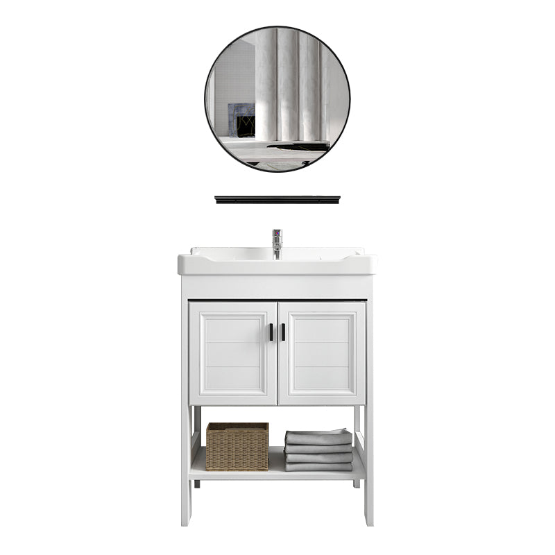 Freestanding Vanity Mirror 2 Doors Single Sink White Rectangular Shelving Included Vanity Vanity & Faucet & Round Mirror 24"L x 18.9"W x 32.7"H Clearhalo 'Bathroom Remodel & Bathroom Fixtures' 'Bathroom Vanities' 'bathroom_vanities' 'Home Improvement' 'home_improvement' 'home_improvement_bathroom_vanities' 7712337