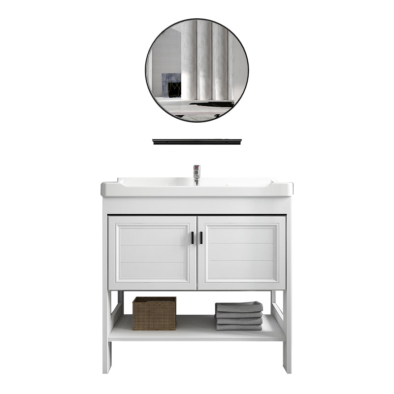 Freestanding Vanity Mirror 2 Doors Single Sink White Rectangular Shelving Included Vanity Vanity & Faucet & Round Mirror Clearhalo 'Bathroom Remodel & Bathroom Fixtures' 'Bathroom Vanities' 'bathroom_vanities' 'Home Improvement' 'home_improvement' 'home_improvement_bathroom_vanities' 7712339