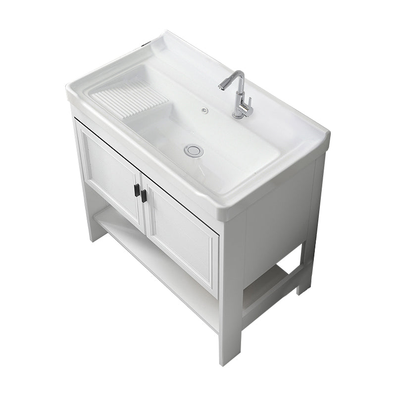 Freestanding Vanity Mirror 2 Doors Single Sink White Rectangular Shelving Included Vanity Vanity & Faucet Clearhalo 'Bathroom Remodel & Bathroom Fixtures' 'Bathroom Vanities' 'bathroom_vanities' 'Home Improvement' 'home_improvement' 'home_improvement_bathroom_vanities' 7712353