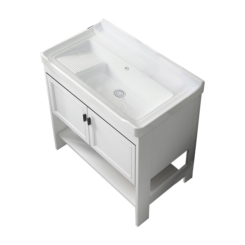 Freestanding Vanity Mirror 2 Doors Single Sink White Rectangular Shelving Included Vanity Bathroom Vanity Clearhalo 'Bathroom Remodel & Bathroom Fixtures' 'Bathroom Vanities' 'bathroom_vanities' 'Home Improvement' 'home_improvement' 'home_improvement_bathroom_vanities' 7712355