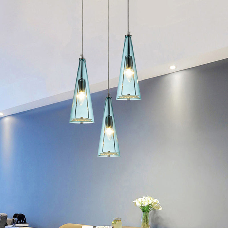 Modern Cone Pendant Lamp Blue/Amber/Clear Glass 3 Lights Hanging Ceiling Light in Chrome with Round/Linear Canopy Blue Round Clearhalo 'Ceiling Lights' 'Glass shade' 'Glass' 'Modern Pendants' 'Modern' 'Pendant Lights' 'Pendants' Lighting' 771253