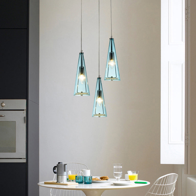 Modern Cone Pendant Lamp Blue/Amber/Clear Glass 3 Lights Hanging Ceiling Light in Chrome with Round/Linear Canopy Clearhalo 'Ceiling Lights' 'Glass shade' 'Glass' 'Modern Pendants' 'Modern' 'Pendant Lights' 'Pendants' Lighting' 771254