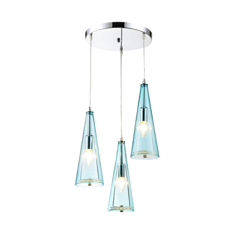 Modern Cone Pendant Lamp Blue/Amber/Clear Glass 3 Lights Hanging Ceiling Light in Chrome with Round/Linear Canopy Clearhalo 'Ceiling Lights' 'Glass shade' 'Glass' 'Modern Pendants' 'Modern' 'Pendant Lights' 'Pendants' Lighting' 771255