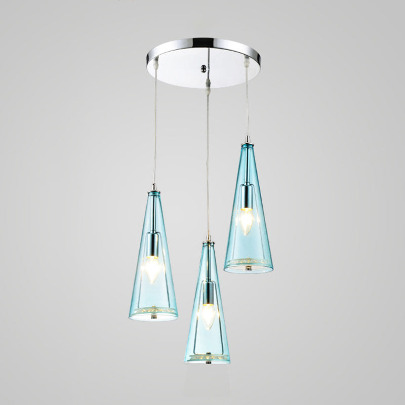 Modern Cone Pendant Lamp Blue/Amber/Clear Glass 3 Lights Hanging Ceiling Light in Chrome with Round/Linear Canopy Clearhalo 'Ceiling Lights' 'Glass shade' 'Glass' 'Modern Pendants' 'Modern' 'Pendant Lights' 'Pendants' Lighting' 771256