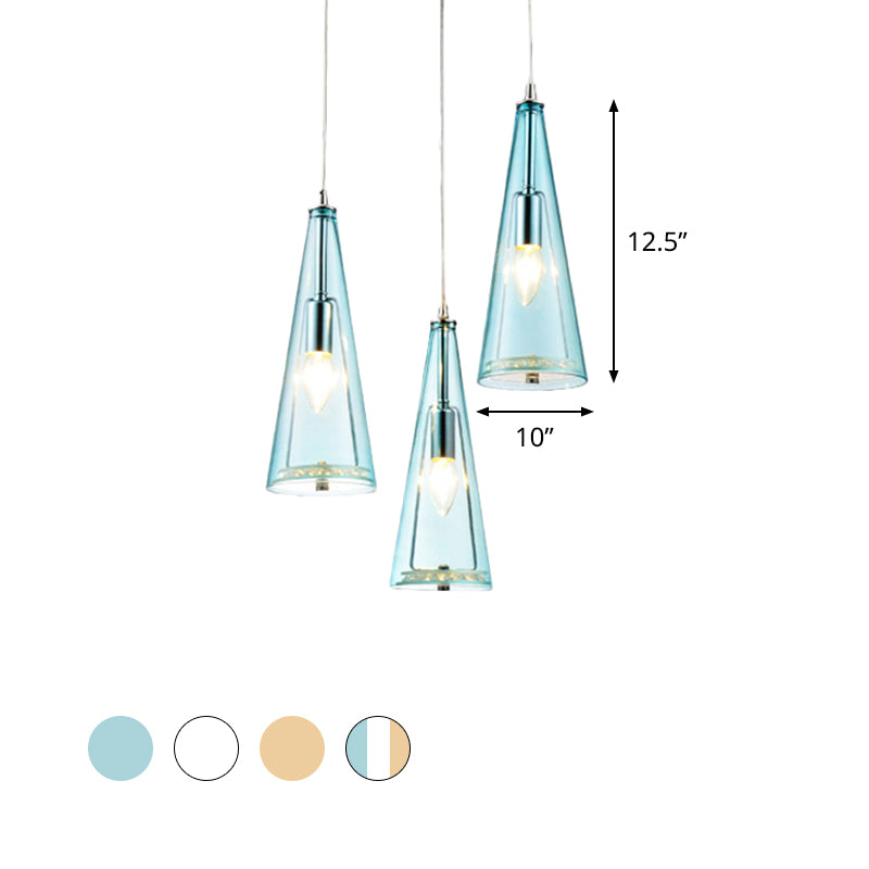 Modern Cone Pendant Lamp Blue/Amber/Clear Glass 3 Lights Hanging Ceiling Light in Chrome with Round/Linear Canopy Clearhalo 'Ceiling Lights' 'Glass shade' 'Glass' 'Modern Pendants' 'Modern' 'Pendant Lights' 'Pendants' Lighting' 771257