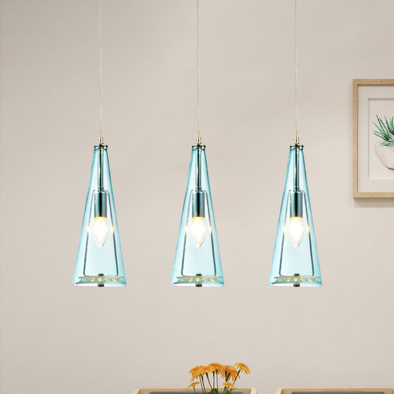 Modern Cone Pendant Lamp Blue/Amber/Clear Glass 3 Lights Hanging Ceiling Light in Chrome with Round/Linear Canopy Blue Linear Clearhalo 'Ceiling Lights' 'Glass shade' 'Glass' 'Modern Pendants' 'Modern' 'Pendant Lights' 'Pendants' Lighting' 771258