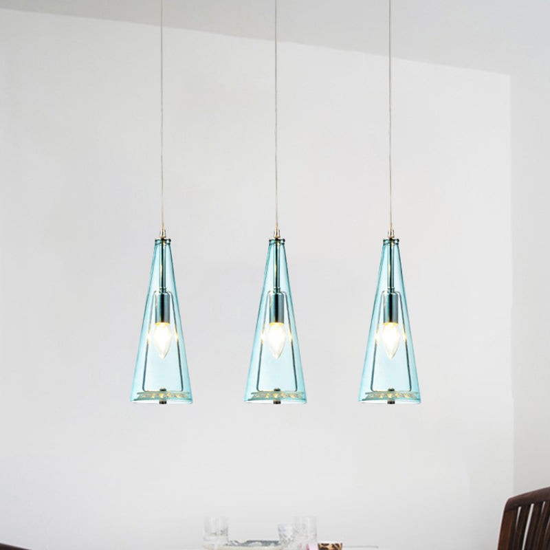 Modern Cone Pendant Lamp Blue/Amber/Clear Glass 3 Lights Hanging Ceiling Light in Chrome with Round/Linear Canopy Clearhalo 'Ceiling Lights' 'Glass shade' 'Glass' 'Modern Pendants' 'Modern' 'Pendant Lights' 'Pendants' Lighting' 771259