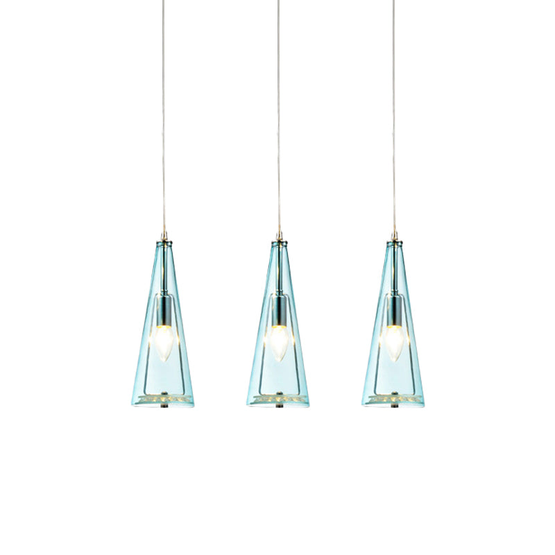 Modern Cone Pendant Lamp Blue/Amber/Clear Glass 3 Lights Hanging Ceiling Light in Chrome with Round/Linear Canopy Clearhalo 'Ceiling Lights' 'Glass shade' 'Glass' 'Modern Pendants' 'Modern' 'Pendant Lights' 'Pendants' Lighting' 771260