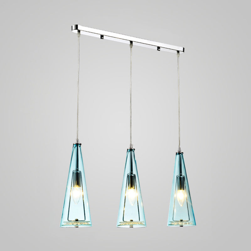 Modern Cone Pendant Lamp Blue/Amber/Clear Glass 3 Lights Hanging Ceiling Light in Chrome with Round/Linear Canopy Clearhalo 'Ceiling Lights' 'Glass shade' 'Glass' 'Modern Pendants' 'Modern' 'Pendant Lights' 'Pendants' Lighting' 771261