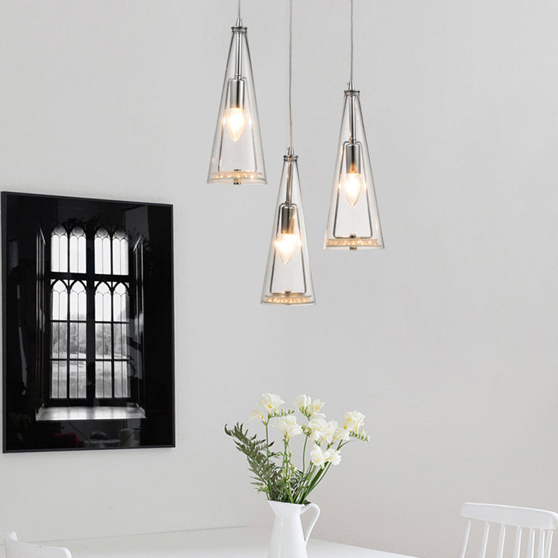 Modern Cone Pendant Lamp Blue/Amber/Clear Glass 3 Lights Hanging Ceiling Light in Chrome with Round/Linear Canopy Clear Round Clearhalo 'Ceiling Lights' 'Glass shade' 'Glass' 'Modern Pendants' 'Modern' 'Pendant Lights' 'Pendants' Lighting' 771263