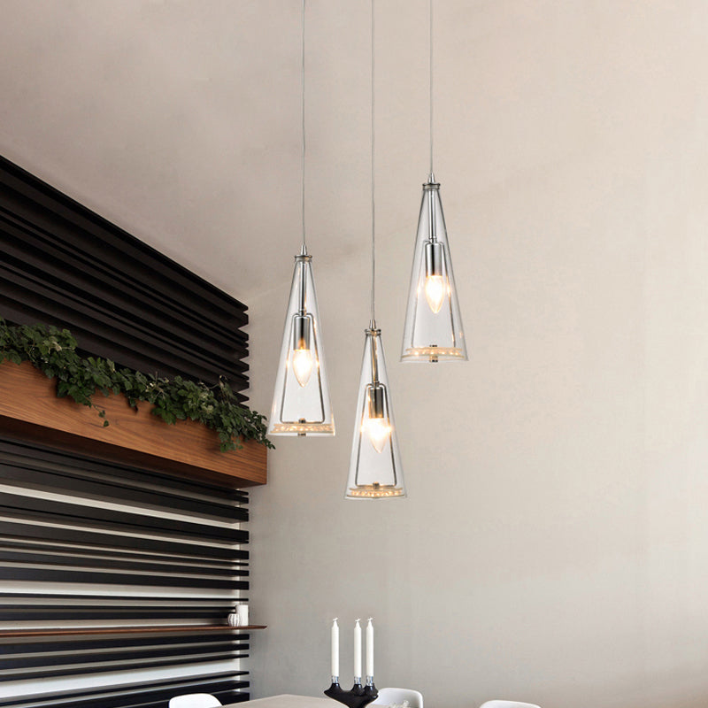 Modern Cone Pendant Lamp Blue/Amber/Clear Glass 3 Lights Hanging Ceiling Light in Chrome with Round/Linear Canopy Clearhalo 'Ceiling Lights' 'Glass shade' 'Glass' 'Modern Pendants' 'Modern' 'Pendant Lights' 'Pendants' Lighting' 771264