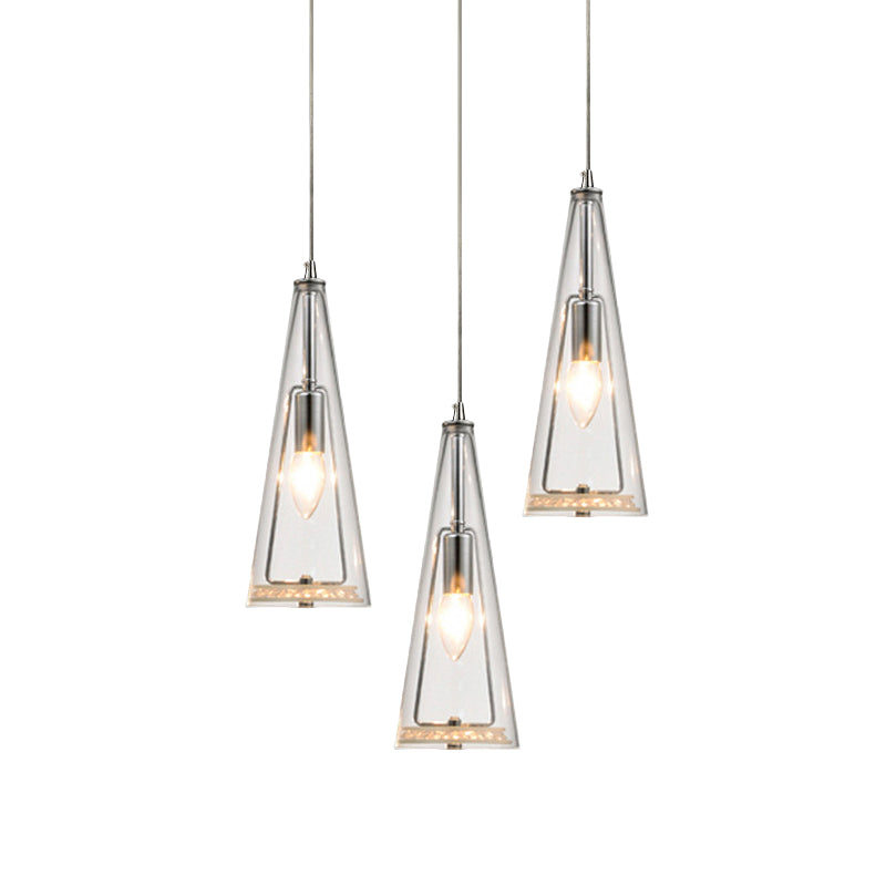 Modern Cone Pendant Lamp Blue/Amber/Clear Glass 3 Lights Hanging Ceiling Light in Chrome with Round/Linear Canopy Clearhalo 'Ceiling Lights' 'Glass shade' 'Glass' 'Modern Pendants' 'Modern' 'Pendant Lights' 'Pendants' Lighting' 771265